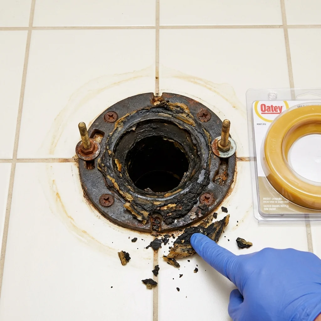 Failed wax ring showing water seepage at the base of a toilet in a Fairfield, TX home