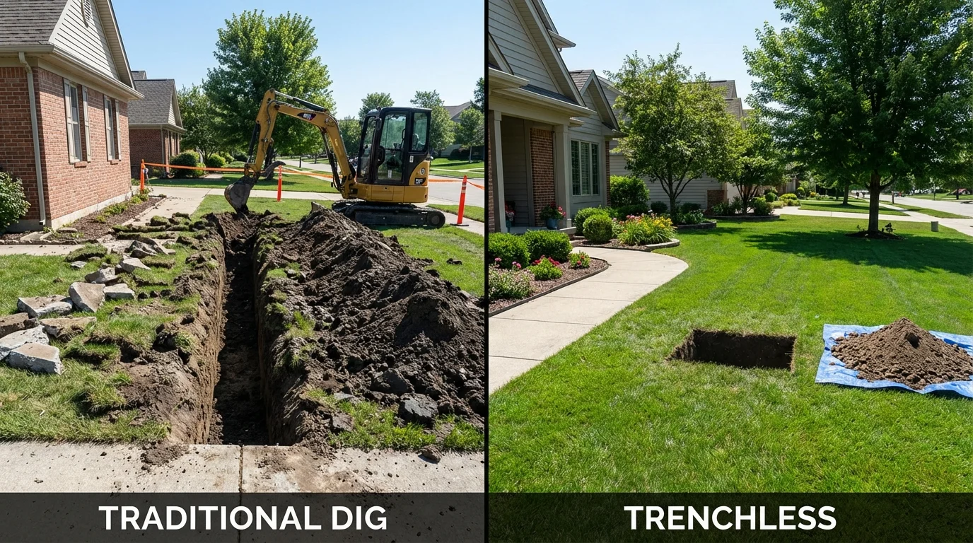 Trenchless sewer repair with minimal yard damage versus traditional excavation in Fairfield, TX
