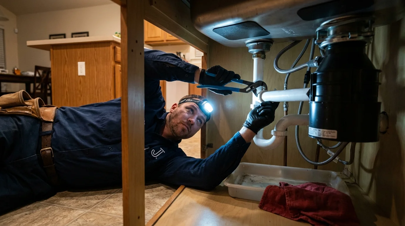P-trap and supply line connections under a kitchen sink showing a common leak point in Fairfield, TX